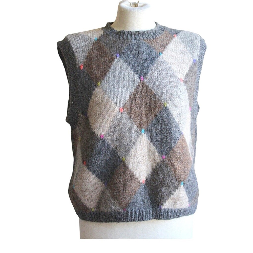 Esprit Argyle Wool Gray Knit Sleeveless Sweater Vest Vintage 90s Academia Large